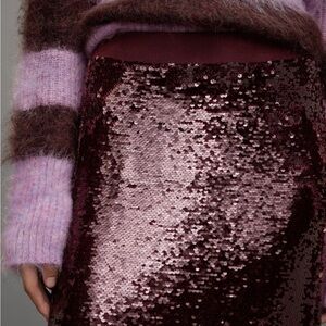 All Saints Burgundy Sequin Pencil Skirt